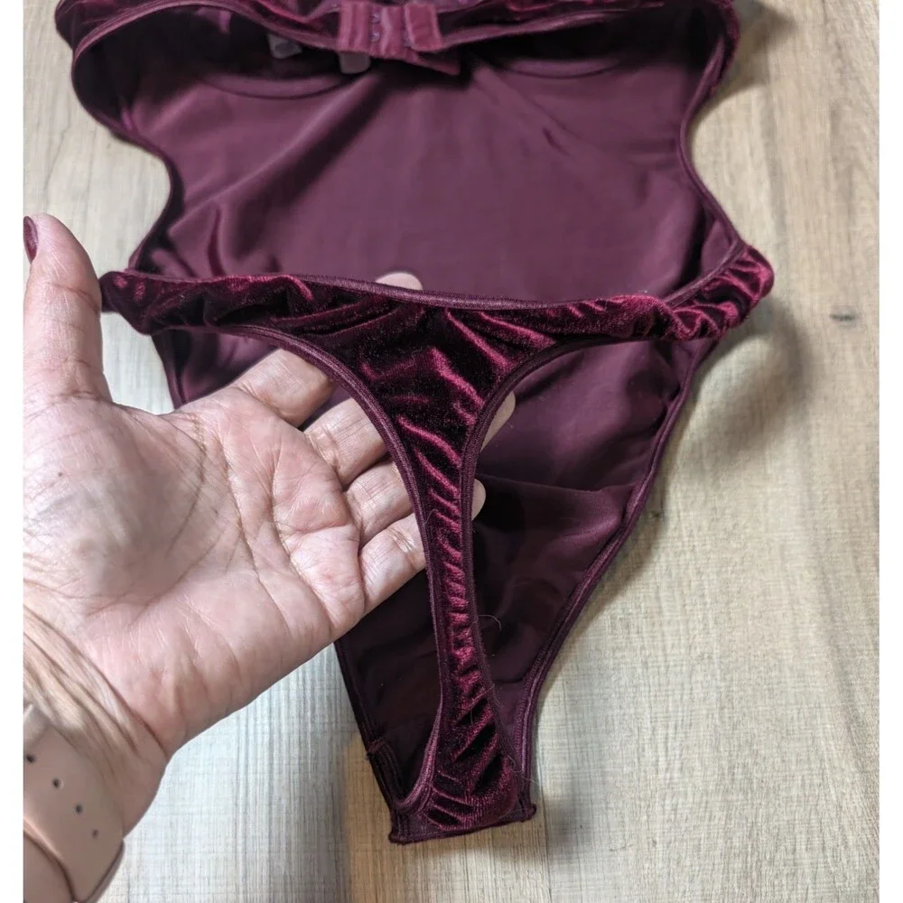 Vintage Y2K Victoria’s Secret 34B Velvet Bodysuit Burgundy Gold Underwire Thong